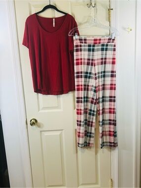 Soma Red Short-Sleeve Top with Red & Green Plaid Pajama Pants